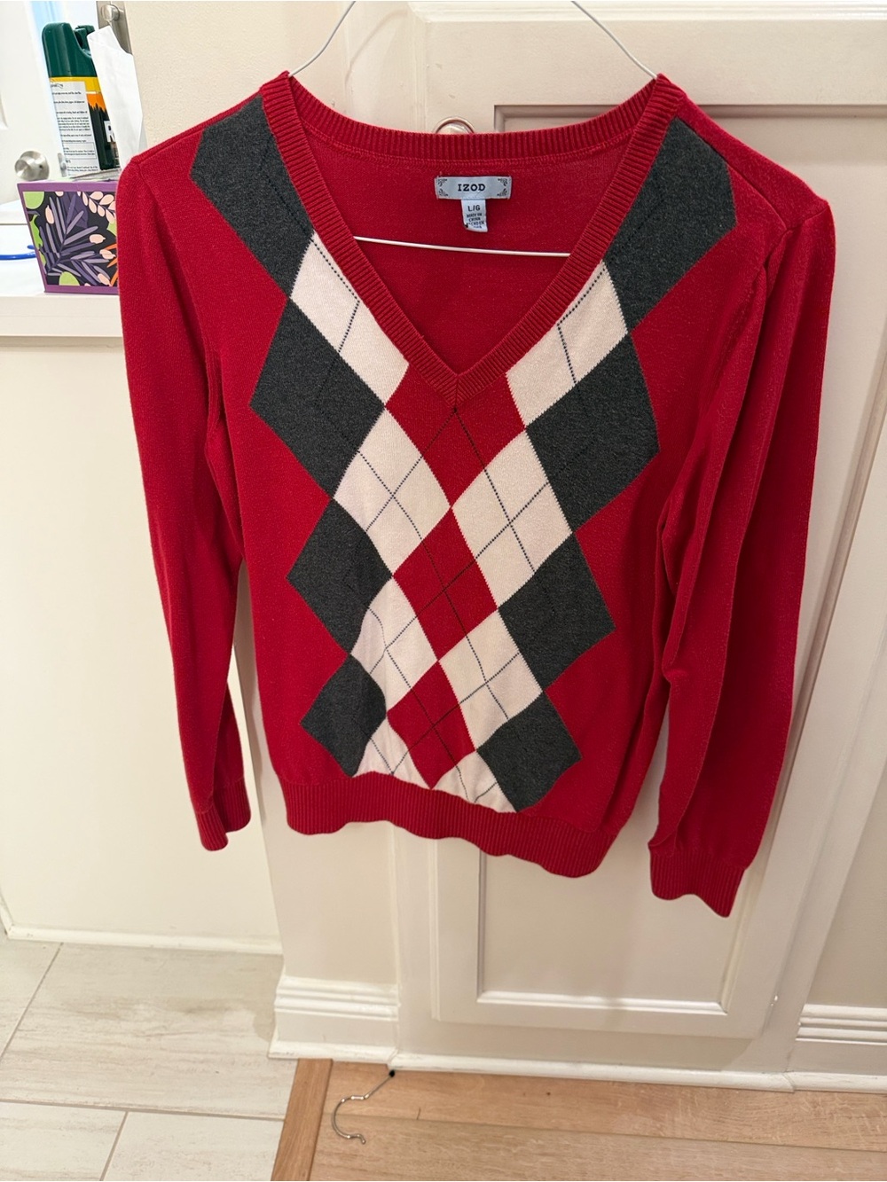 Izod Red Argyle V-Neck Sweater with Cream and Charcoal Accents